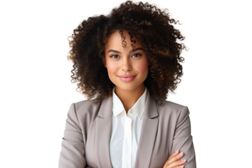 Business woman portrait isolated on white transparent background, Afro businesswoman in suit, crossed arms, PNG
