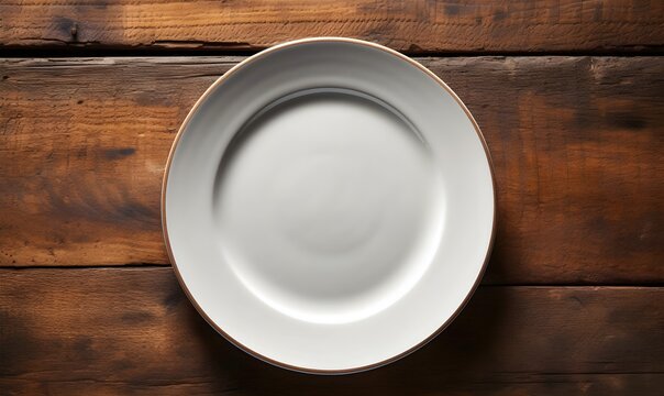 Empty white plate on wooden table, top view. Image with copy space. 