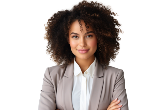 Business woman portrait isolated on white transparent background, Afro businesswoman in suit, crossed arms, PNG