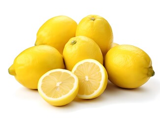 Lemon fruit isolate. Lemon whole, half, slice. Lemon slices with zest isolated