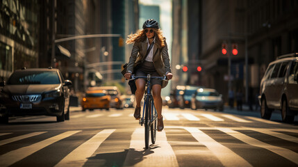 Business people biking with bicycle on road city to work