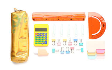Yellow pencil case and different school stationery on white background