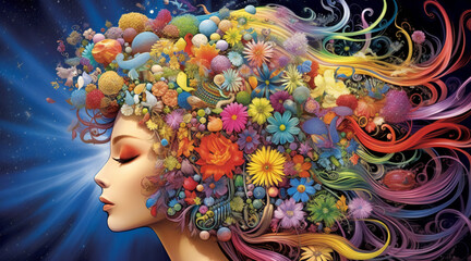 Beautiful woman with multicolored hair and abstract floral pattern
