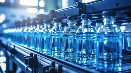 Fototapeta premium Fresh drinking water bottles on production line with big machine at Beverage factory interior, machine working bottles production line