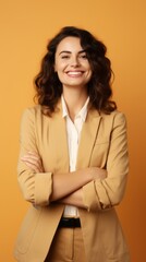 smiling confident woman in formal stylish cloth business woman manager portrait studio shot on beige color background,ai generate