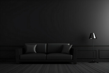Black living room interior with sofa and lamp,