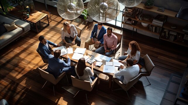 High Angle Topview Of Business Conference Ideas Sharing Meeting,business People Discuss Conversation Together On Meeting Table In Conference Modern Office Interior Background, Ai Generate