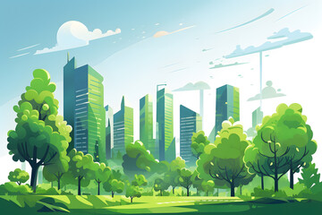 Eco green city. Urban ecology concept background with skyscraper cityscape ai generated