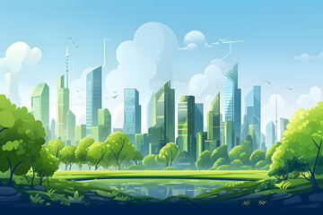 Eco green city. Urban ecology concept background with skyscraper cityscape ai generated