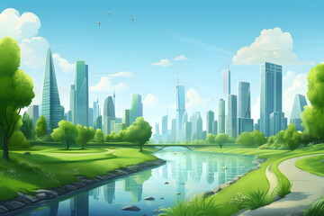 Eco green city. Urban ecology concept background with skyscraper cityscape ai generated