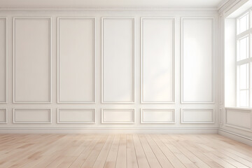 Empty room interior background  white paneling wall  wooden flooring ai generated