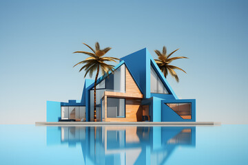 Geometric shapes house Abstract architectural forms on empty blue background  ai generated