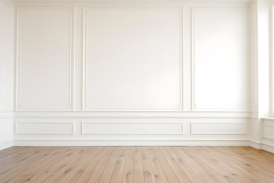Empty room interior background  white paneling wall  wooden flooring ai generated