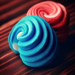 Blue and red marshmallow on a wooden table
