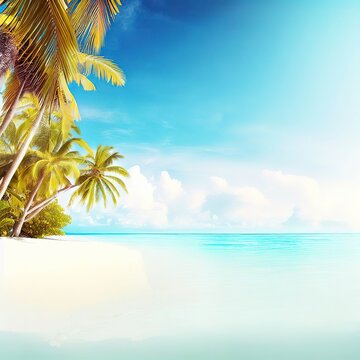 Beautiful tropical beach banner. White sand and coco palms travel tourism wide panorama background