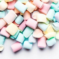 Colorful pastel marshmallow on white background. Ingredient for cooking dessert, snack for movie night and unhealthy sweets. Top view, copy space