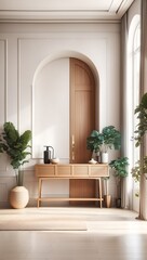 Fototapeta na wymiar Modern entrance hall with door and wooden console table has a bright interior design. Developed using generative AI
