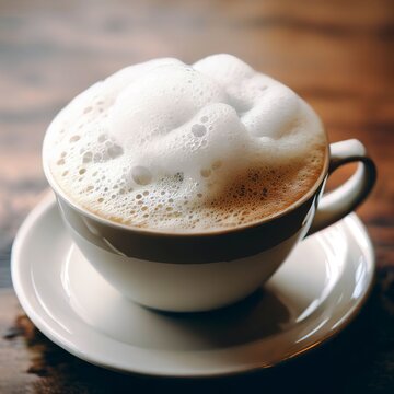 Foamy cappuccino on wood table