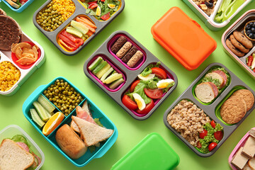 Many lunchboxes with different delicious food on green background