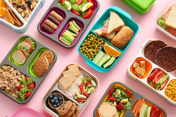 Many lunchboxes with different delicious food on pink background