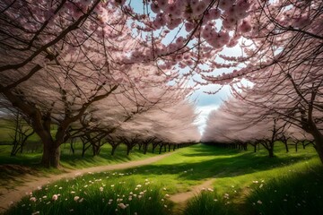 A peaceful countryside covered in blooming cherry blossoms