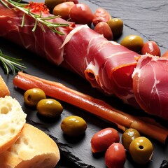 Spanish serrano ham with olives and breadstick on black slate background - obrazy, fototapety, plakaty