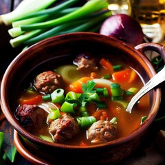 Vegetables soup with meatballs and green onion garnish.Selective focus