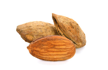 Baked salted almonds on isolated white background