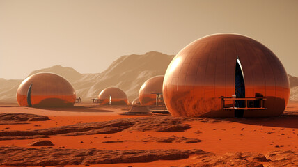 Futuristic spheric Martian colony houses in a desert landscape. Mars colonisation base. City in a cloud of dust. Space exploration concept