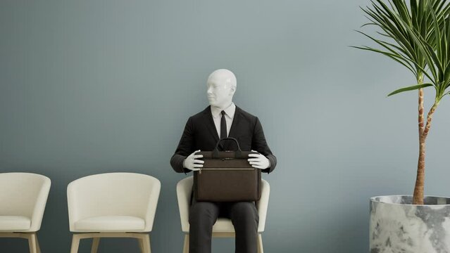 Futuristic android robot sitting on a chair and waiting for a job interview, AI and innovation concept. 3d animation