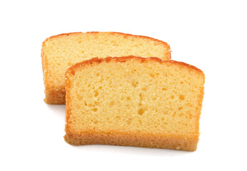 Butter cake sliced on white background