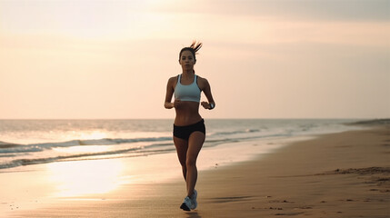 Fototapeta na wymiar athletic beautiful young woman runs along the beach, goes in for sports in sportswear. 