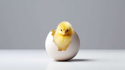 small yellow chicken in a shell on a light background. postcard with copy space, easter concept. 