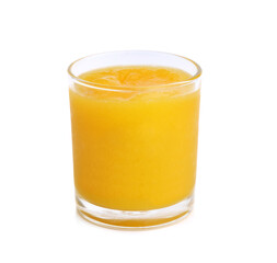 Healthy mango smoothie in a glass on white background