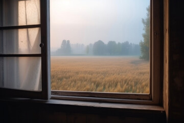 Generated photorealistic image of an open window in a village house overlooking foggy fields