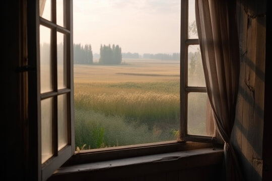 Generated photorealistic image of an open window in a village house overlooking the fields