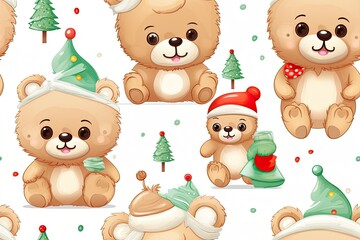 Fototapeta premium Mix Christmas teddy bears on white seamless background, wrapping paper