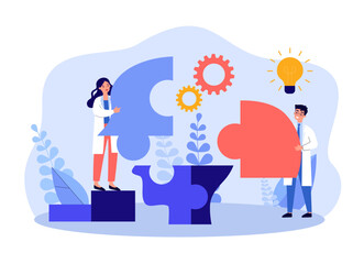 Doctors solving puzzle of human head vector illustration. People controlling emotions and thoughts, fixing habits and improving mental health. Emotional intelligence, psychology concept