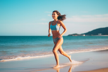 Fototapeta na wymiar athletic beautiful young woman runs along the beach, goes in for sports in sportswear. 