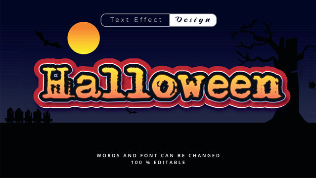 Halloween text, Editable text effect design with orange jack o lantern pumpkin,bats flying, full moon, graveyard, a castle, flying ghosts, witch and zombie hands, isolated on dark . October halloween.