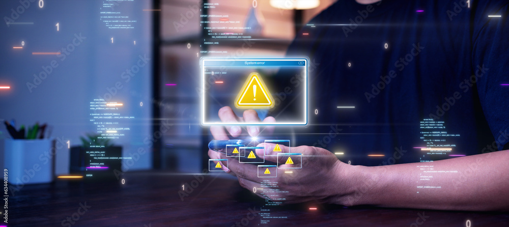 Leinwandbilder Man using smartphone with online crime risk warning symbol sign. Accessing websites, clicking on unsafe text links is a threat to identity theft software.