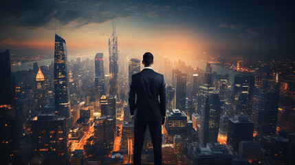 Fototapeta na wymiar Determined business person standing tall in a urban environment. The back view adds a sense of mystery, highlighting the determination, confidence and ambition in achieving success.