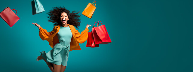 Joyful happy Woman Shopping. Shopping bags and confetti on a studio background. Concept of Shopping, Retail, Sale, Black Friday or Cyber Monday. - Powered by Adobe