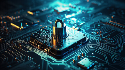 Fototapeta na wymiar Cybersecurity concept depicting a padlock on top of a microchip board, symbolizing protection, safety, and secure connections in the digital world.