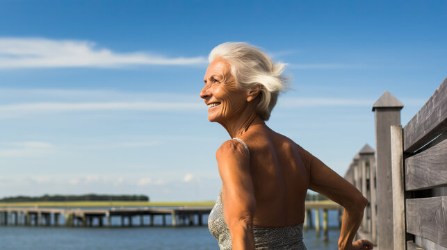 Old Or Elderly Woman On A Wooden Pier By The Beach, Getting Ready To Go Swimming Or Walking In Nature. Concept Of Active Elders And Of A Healthy Retirement. Shallow Field Of View.