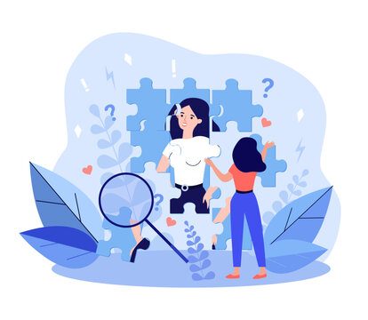 Girl putting together puzzle pieces of photo vector illustration. Cartoon drawing of woman reflecting on self, understanding feelings and reactions. Emotions, psychology, self-awareness concept