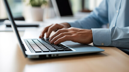 Closeup image of a business man's hands working and typing on laptop keyboard on table. Created with Generative AI technology.