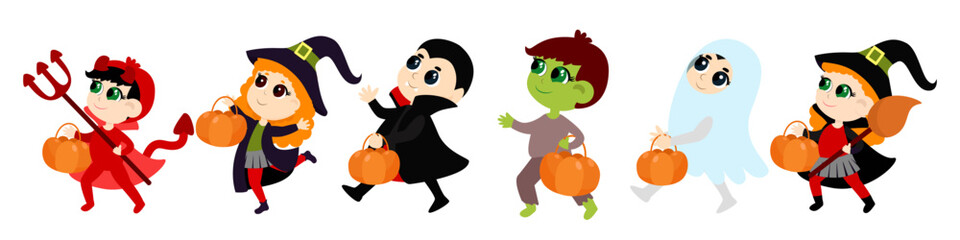 Set of little cute kids in devil costume, zombie, witch, vampire and ghost walk with baskets in their hands. Halloween illustration in cartoon style isolated on white background.