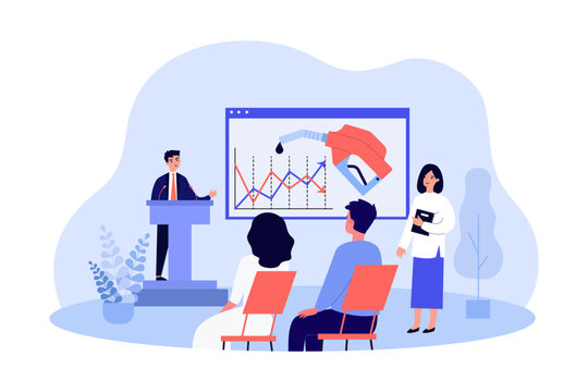 Man giving presentation on oil prices vector illustration. Drawing of people talking about reduction of oil emissions and gas price stabilization conference. Economy, industry, fuel, finances concept