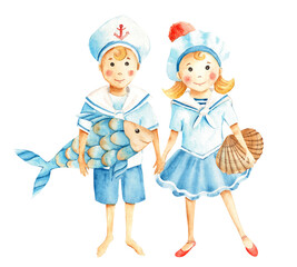 Cute little sailor boy and girl in marine suits with fish net and sea shell. Watercolour nautical illustration for children. Hand painted on white background. For children cards, posters, baby